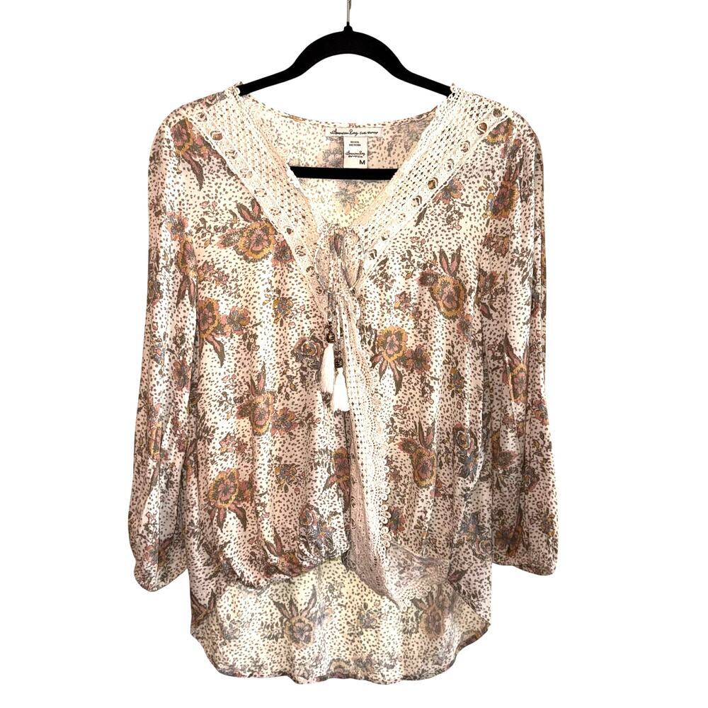 American Rag Boho Floral Lace Trim High Low Blouse Women's Top Medium